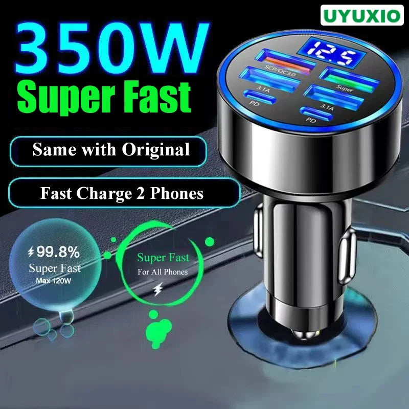 Uyuxio 6 em 1 adaptador de carregador de telefone para carro usb c com display de tensão duplo pd super rápido para iphone 15 pro max oppo samsung huawei