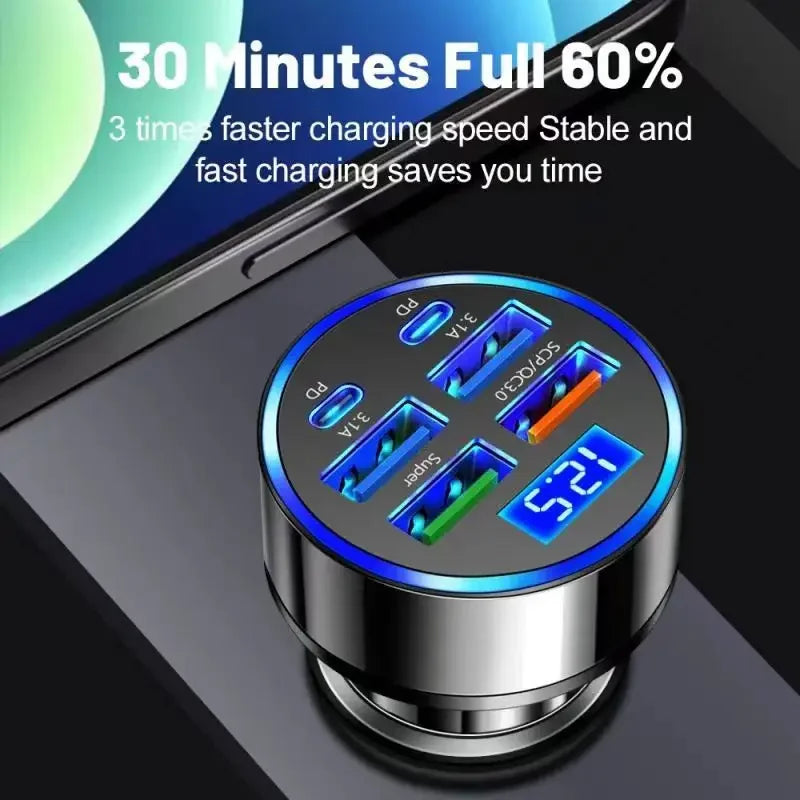 Uyuxio 6 em 1 adaptador de carregador de telefone para carro usb c com display de tensão duplo pd super rápido para iphone 15 pro max oppo samsung huawei